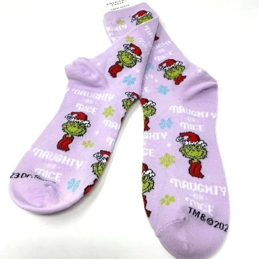 American Eagle Naughty Nice Grinch Crew Sock Lilac OS  B35
